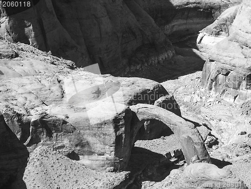 Image of Aerial landscape of wide canyon in Arches National Park, Utah, U