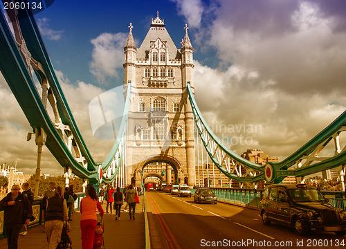 Image of Beautiful wideangle view of Tower Bridge Powerful Structure Deta