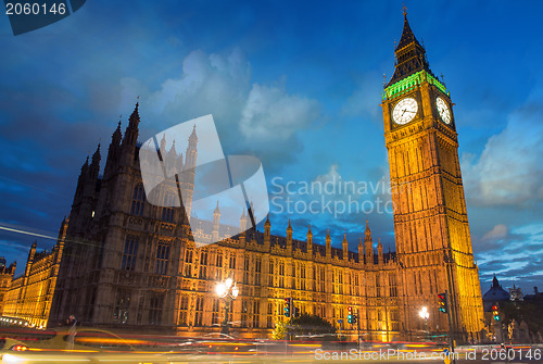 Image of Big Ben and House of Parliament at dusk from Westminster Bridge 