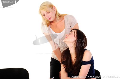 Image of Two beautiful student girls getting ready for school