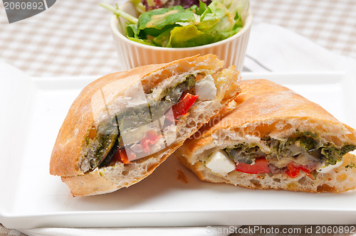 Image of ciabatta panini sandwichwith vegetable and feta