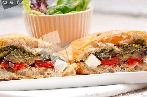 Image of ciabatta panini sandwichwith vegetable and feta