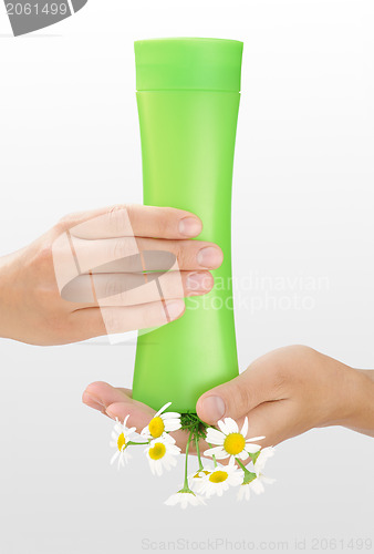 Image of Hands of young woman holding cosmetics bottle and fresh chamomile