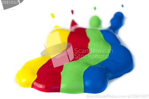 Image of Paint coated on paper. Red, green, blue and yellow colors.