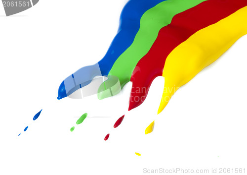 Image of Paint coated on paper. Red, green, blue and yellow colors.