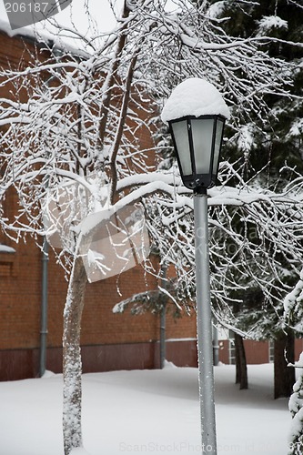 Image of After snowstorm. Street lamp.