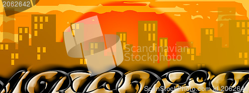 Image of Cityscape graffito at sunset