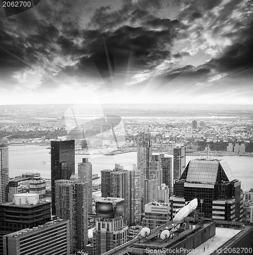 Image of New York City - USA. Beautiful Skyscrapers aerial view at sunset