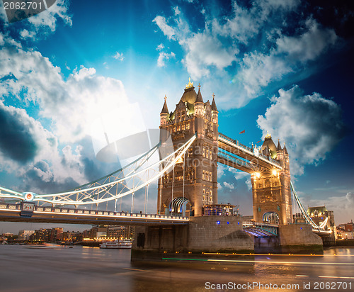 Image of Beautiful sunset colors over famous Tower Bridge in London