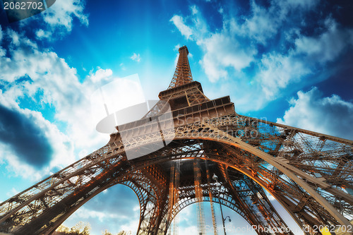 Image of Paris. Beautiful view of Eiffel Tower with sky sunset colors