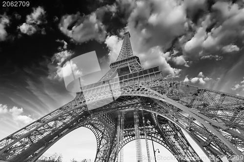 Image of Paris. Beautiful view of Eiffel Tower with sky sunset colors