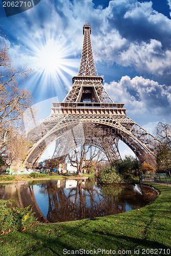 Image of Paris. Gorgeous wide angle view of Eiffel Tower in winter season