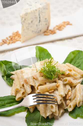 Image of Italian pasta penne gorgonzola and pine nuts