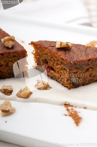 Image of fresh healthy carrots and walnuts cake dessert