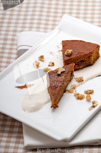 Image of fresh healthy carrots and walnuts cake dessert