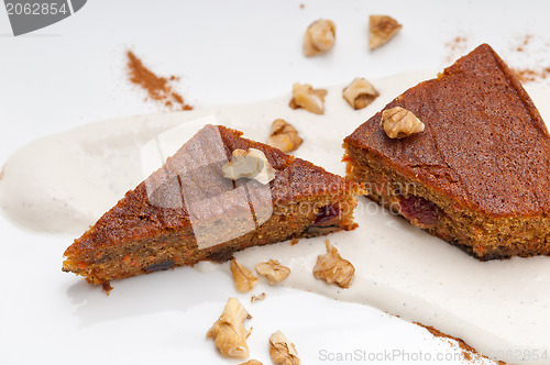 Image of fresh healthy carrots and walnuts cake dessert