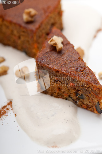 Image of fresh healthy carrots and walnuts cake dessert