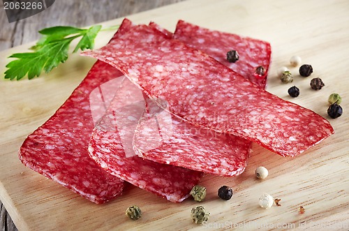 Image of salami sausage slices