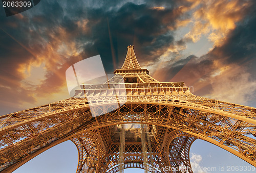 Image of Beautiful view of Eiffel Tower in Paris with sunset colors