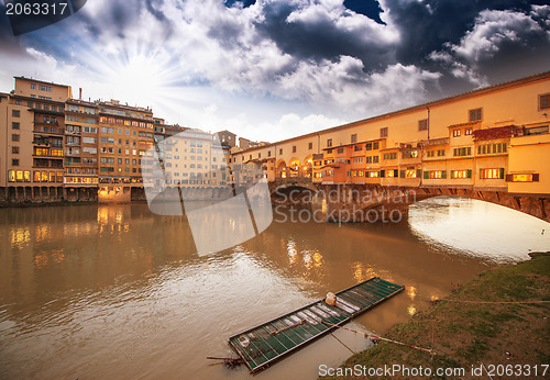 Image of Wonderful sunset colors in Florence with Arno River and Ponte Ve