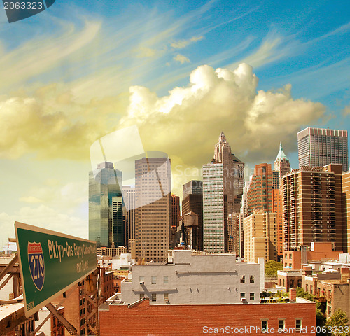 Image of Beautiful view of Lower Manhattan Skyline and tall Skyscrapers -