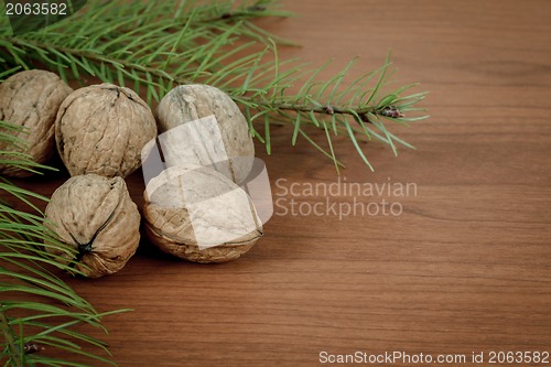 Image of walnuts on wooden background