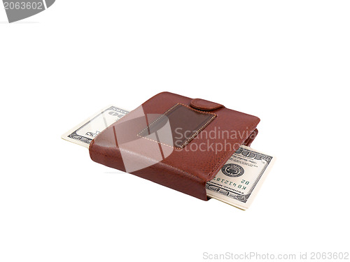 Image of Money dollars in leather purse isolated on white background