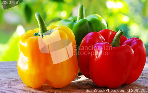 Image of red, yellow and green pepper on table,green background 