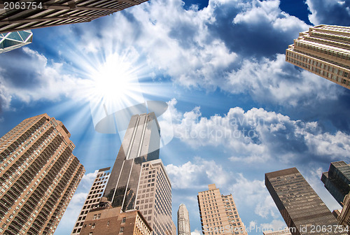 Image of New York City. Wonderful upward view of Manhattan Skycrapers