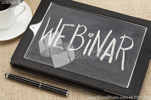 Image of webinar word on digital tablet