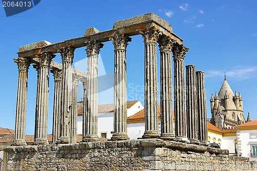 Image of Roman temple and cathedral tower of Evora, Portugal.