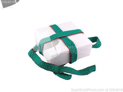 Image of White gift box with a green bow on white background