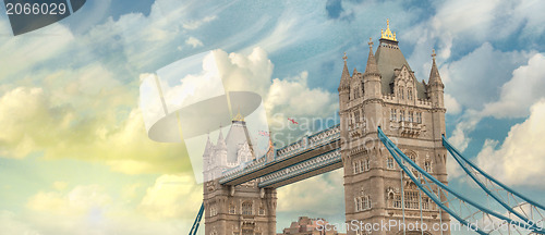 Image of Beautiful sunset colors over famous Tower Bridge in London