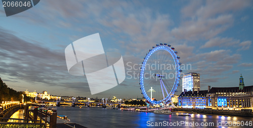Image of London Skyline at dusk from Westminster Bridge with illuminated 