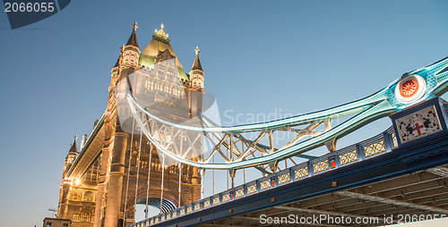 Image of Wonderful colors and lights of Tower Bridge at Dusk - London