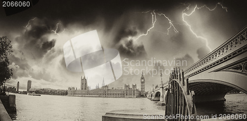 Image of Beautiful wide angle view of Westminster Bridge and Houses of Pa