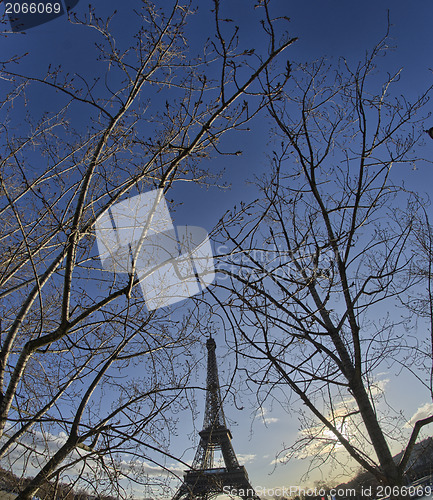 Image of Panoramic view of living barge on the Seine in Paris with Eiffel