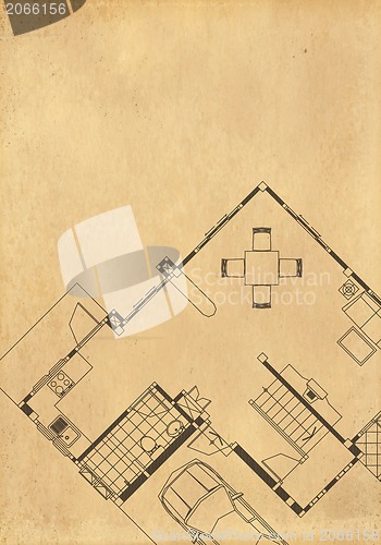 Image of vintage architectural drawing, on grunge paper with some stains 