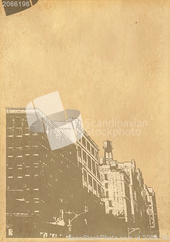 Image of grunge image of cityscape from old paper 