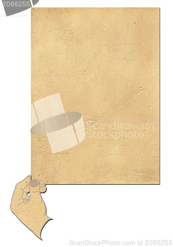 Image of old paper in  hand isolated on white background 