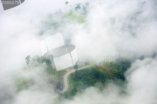 Image of morning mist cover tree and mountain 