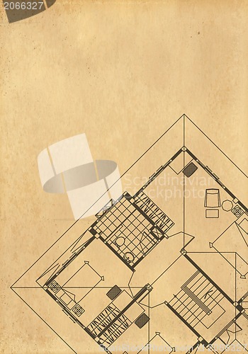 Image of vintage architectural drawing, on grunge paper with some stains 