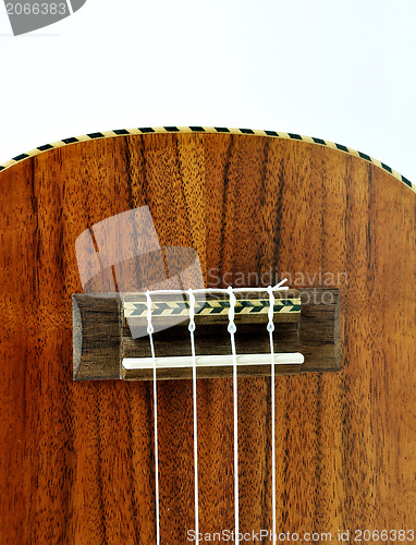 Image of closeup shoot of wooden ukulele 