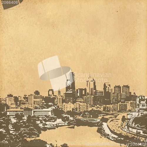 Image of grunge image of cityscape from old paper 