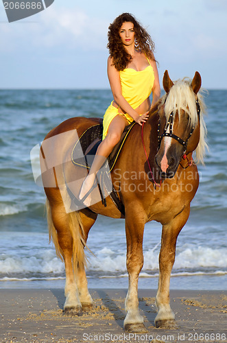 Image of Beautiful young woman riding a horse