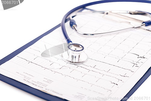 Image of stethoscope on clipboard with ecg