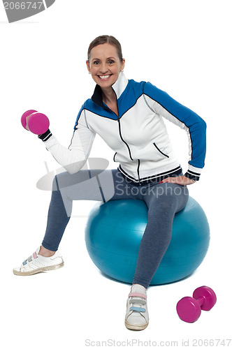 Image of Fit woman doing biceps exercise with pink dumbbells