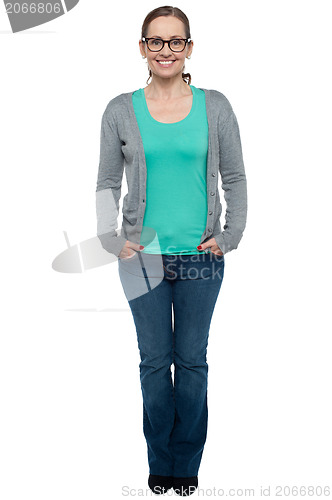 Image of Woman in fashion clothing over white background