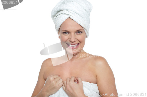 Image of Closeup portrait of young beautiful woman after bath