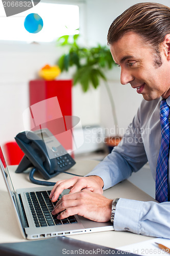Image of Businessman typing report on a laptop